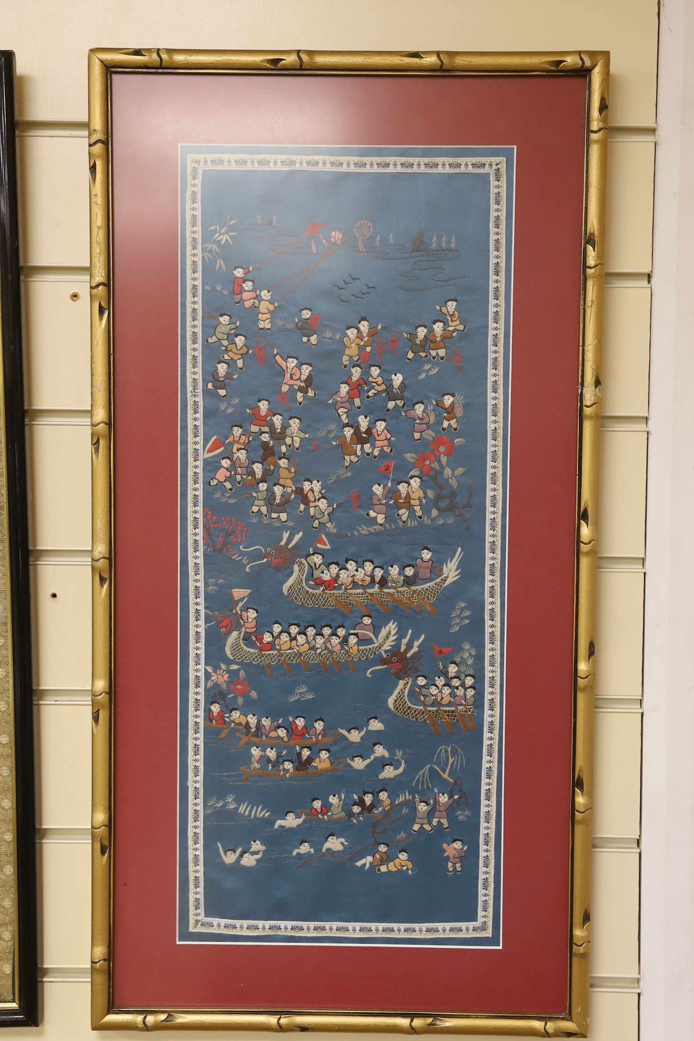 Three framed Chinese mid 20th century figurative embroideries, 21cm x 51cm